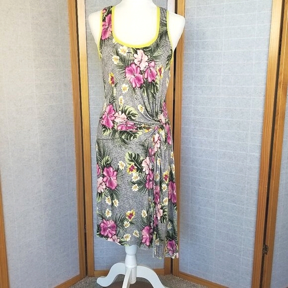 Vera Wang Tank Dress Side Rouching Midi Length Pink Floral Princess Size Medium - Picture 1 of 13
